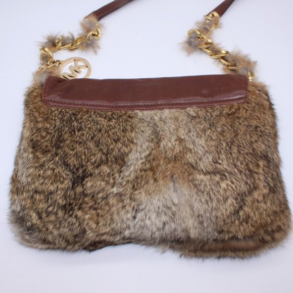 Michael Kors Shoulder Bag Purse Logo Satchel Brown Leather Rabbit Fur Messenger - Picture 7 of 12